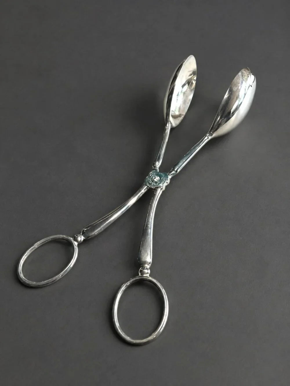 Vintage Silver-Tone Scissor Serving Tongs Spoon Ends Ornate Pivot 10.5: